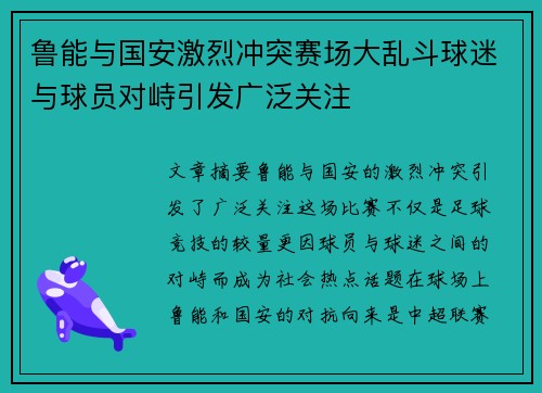 鲁能与国安激烈冲突赛场大乱斗球迷与球员对峙引发广泛关注